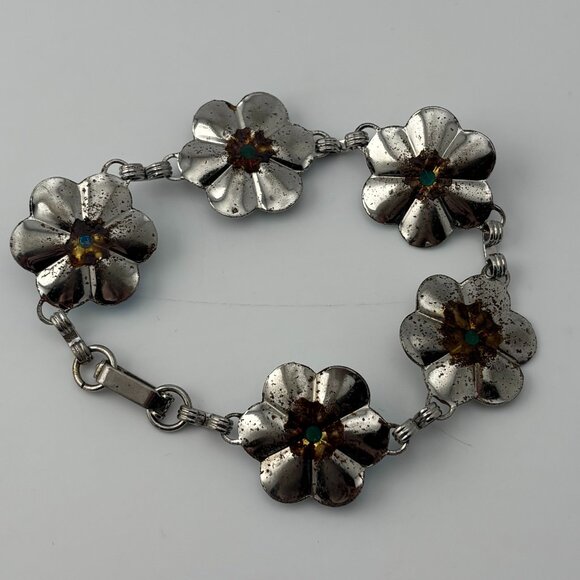 Vintage Silver & Aquamarine Toned Flower Bracelet - Picture 4 of 6